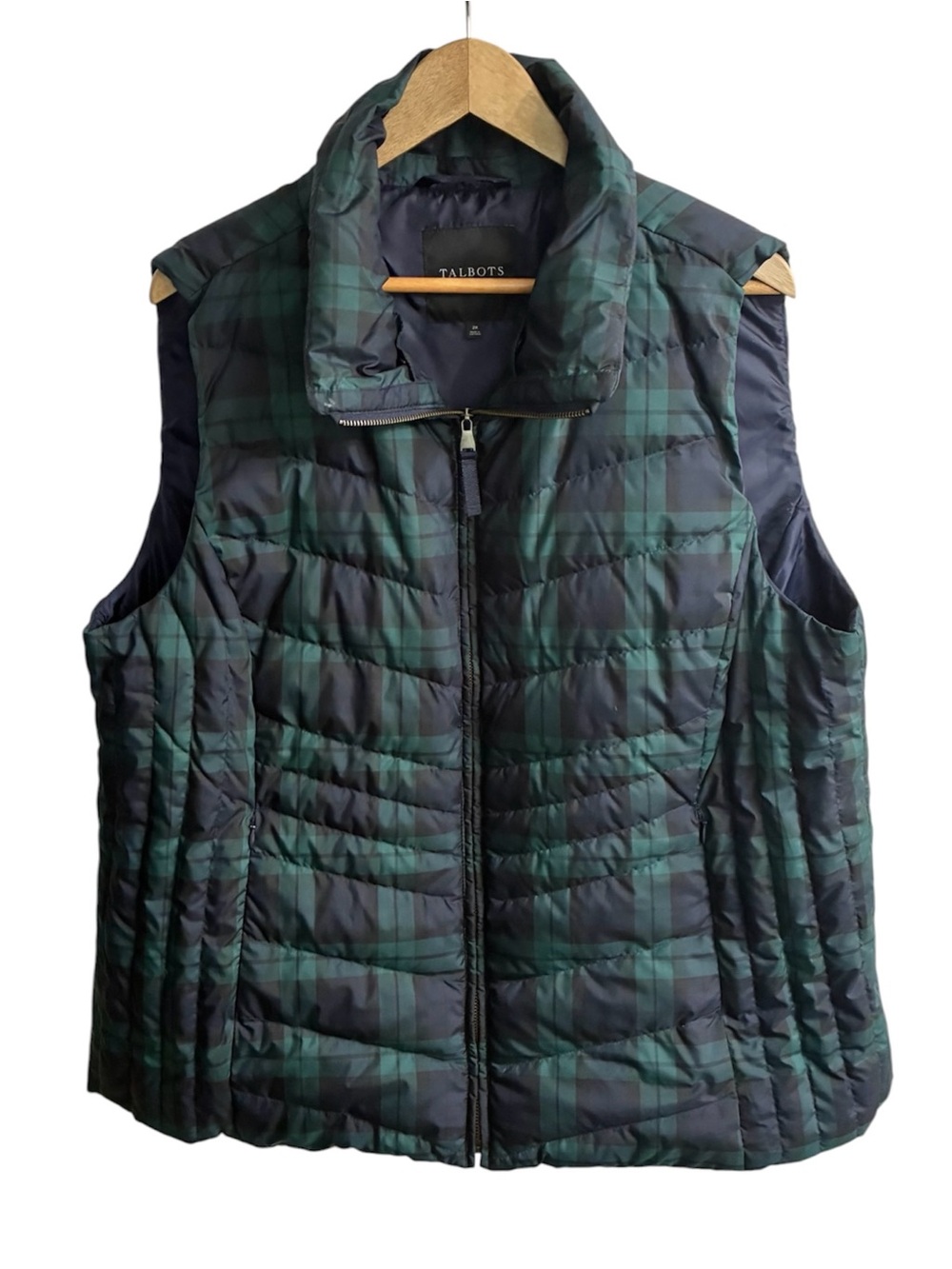 Talbots 2X Tartan Green Blue Plaid 80% Duck Down Filled Puffer Vest